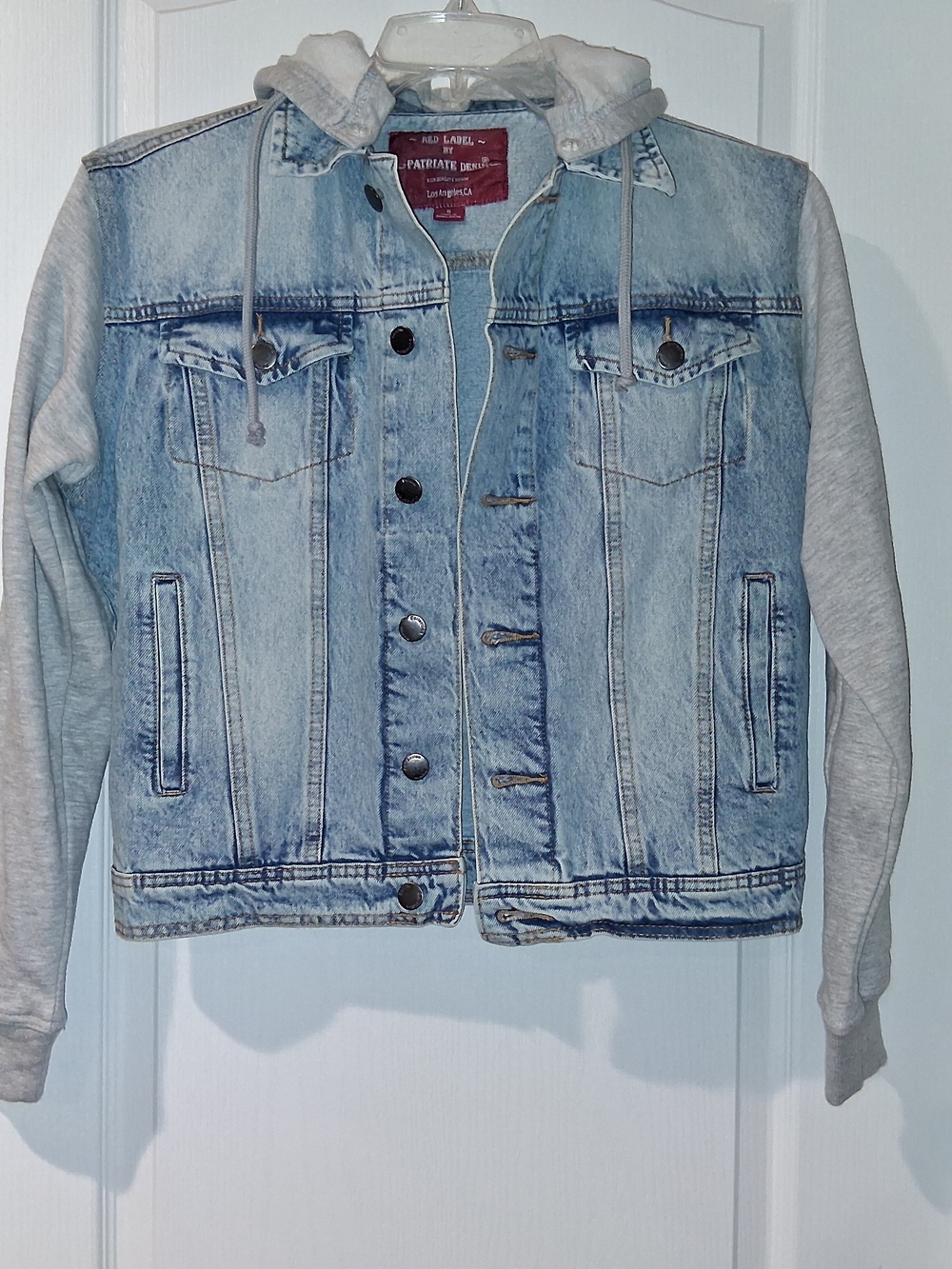 Light Wash Denim Jacket with Gray Hoodie Sleeves
